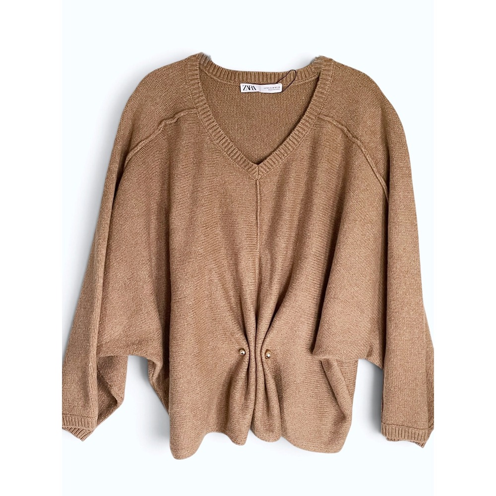 Zara Sculpted Pierced V-Neck Sweater NWT M Gold Bead Stick Pin Light Brown